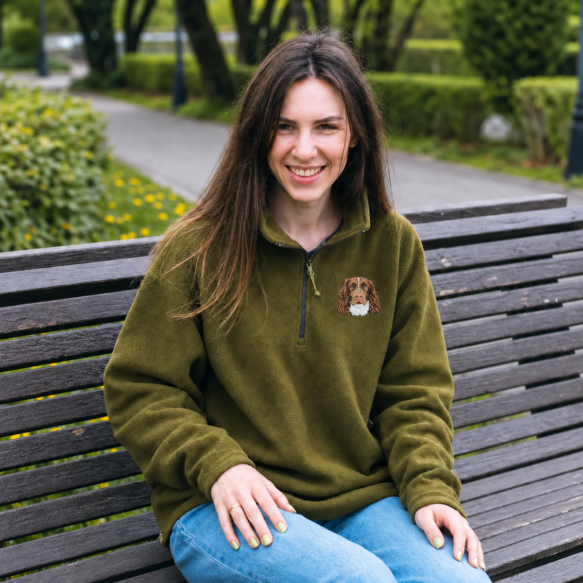 Adult olive fleece quarter-zip pullover with embroidered dog portrait