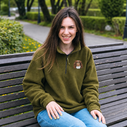 Adult olive fleece quarter-zip pullover with embroidered dog portrait