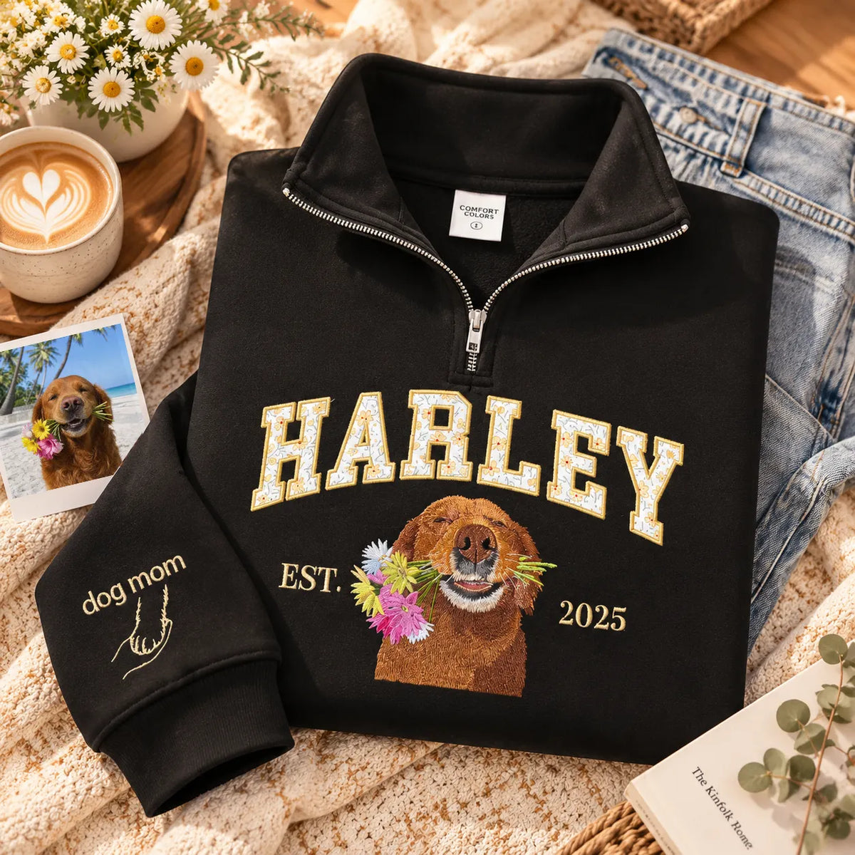 Black HARLEY floral applique name and dog portrait quarter-zip sweatshirt