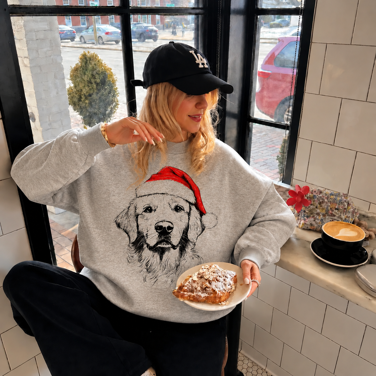 Gray mockneck sweatshirt with golden retriever and red Santa hat sketch print