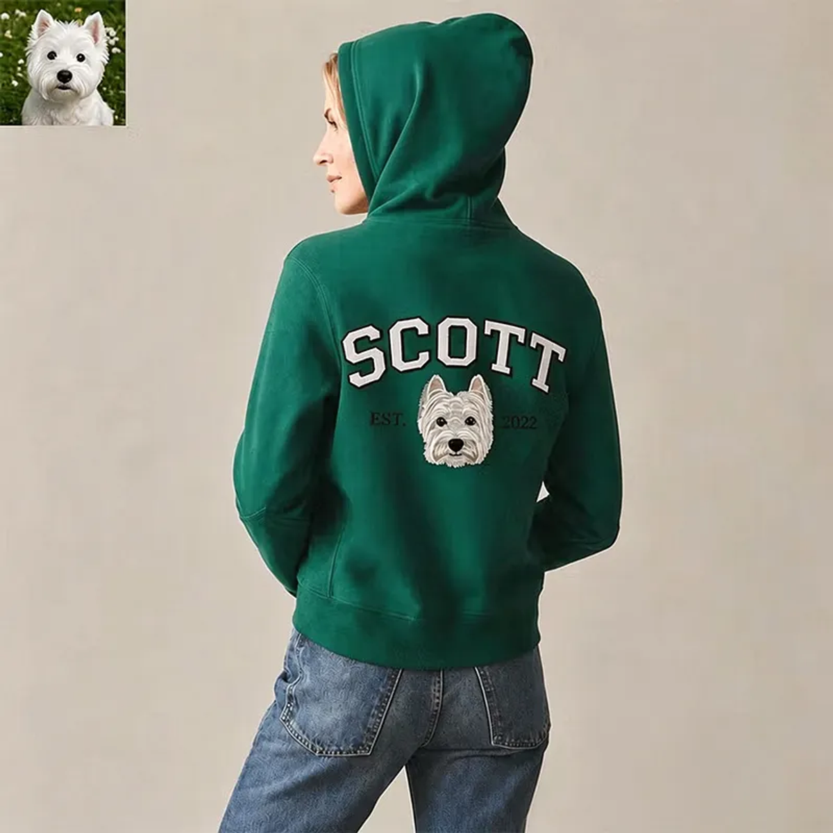 Green zip hoodie back with SCOTT name, white dog portrait and EST year