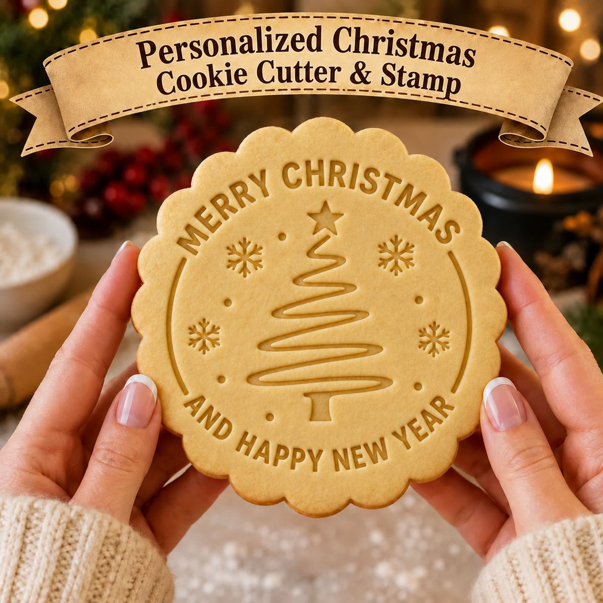 Christmas tree cookie with Merry Christmas and Happy New Year text