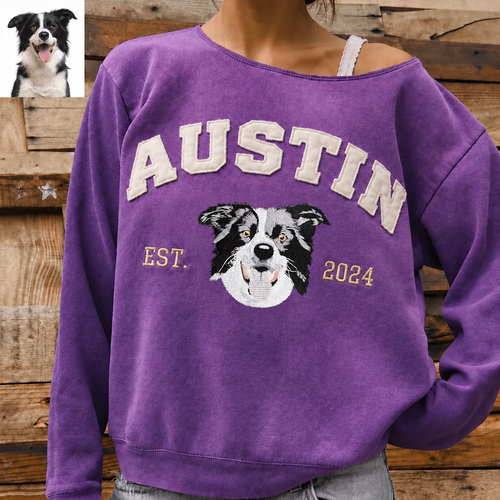 Purple washed off shoulder sweatshirt with AUSTIN applique name and embroidered border collie portrait