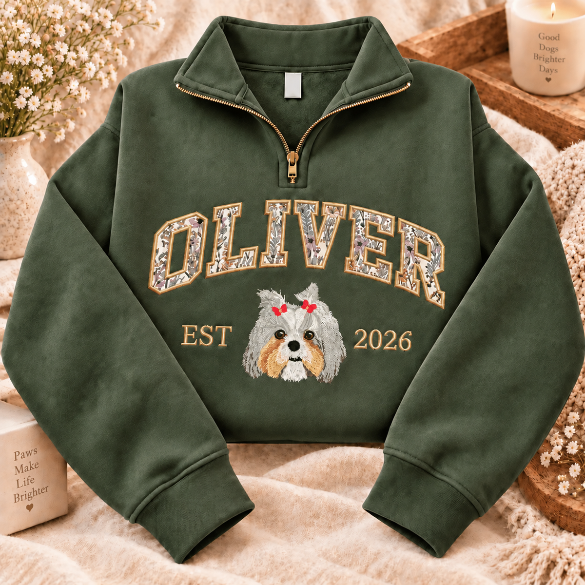 Olive green OLIVER pet portrait and botanical applique name quarter-zip sweatshirt