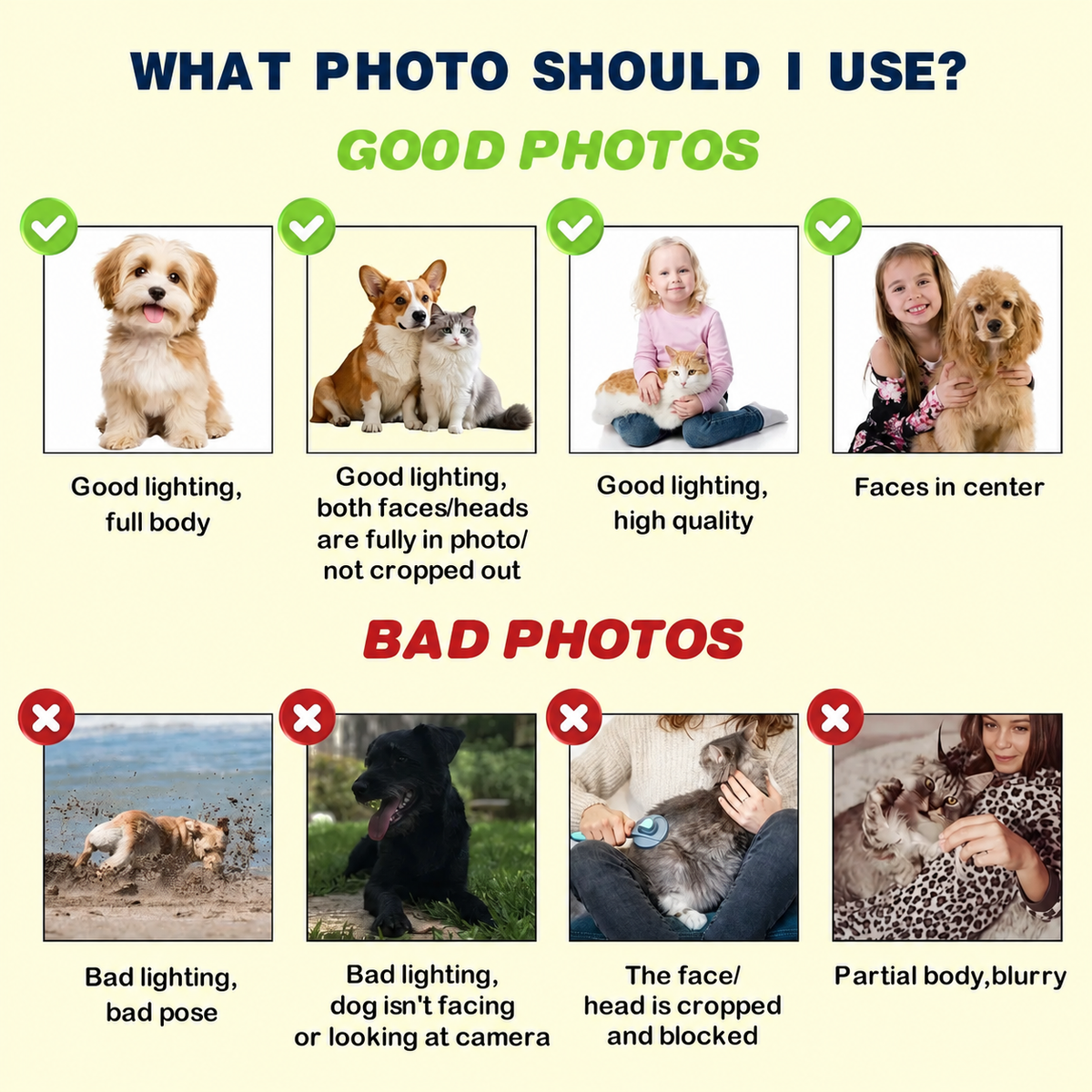 Pet photo upload guide showing suitable and unsuitable photos, without brand watermarks