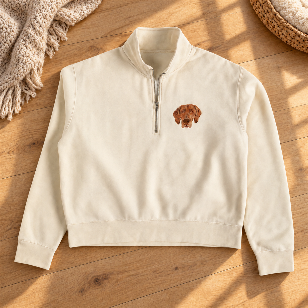 Cream quarter zip sweatshirt with custom brown dog portrait embroidery on a sunlit oak floor