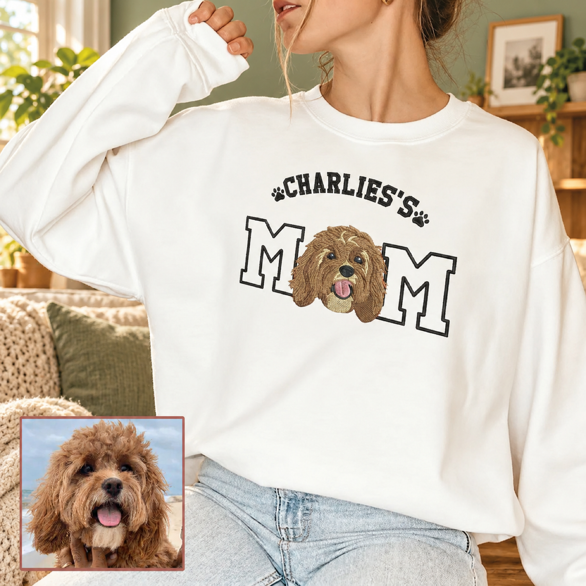 White crewneck sweatshirt with embroidered brown dog portrait, varsity MOM letters and pet name