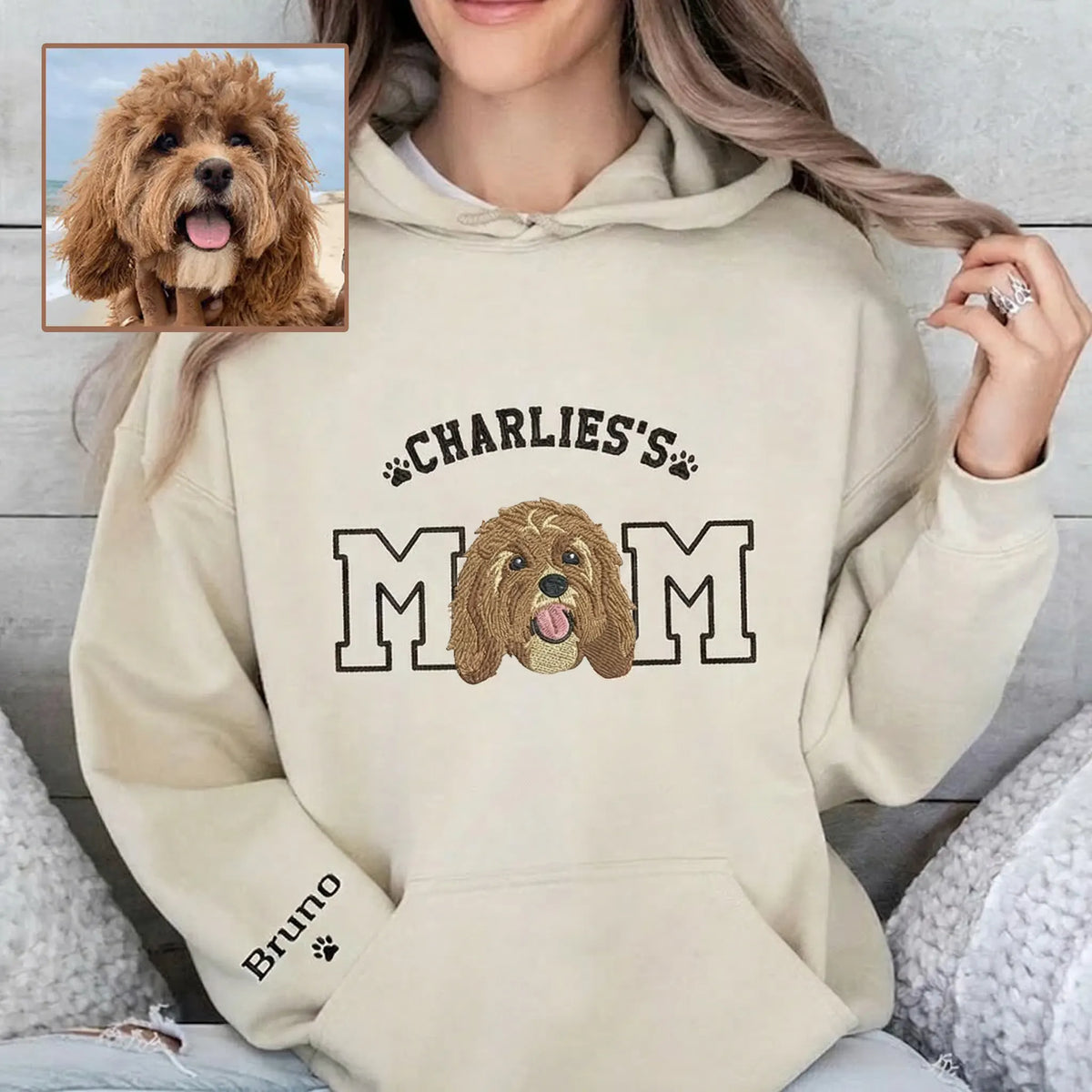 Sand hoodie with dog portrait and MOM embroidery worn by a model