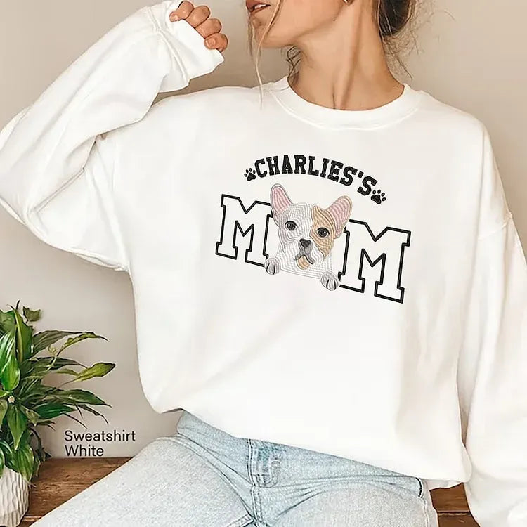 White sweatshirt with Chihuahua portrait inside varsity MOM lettering
