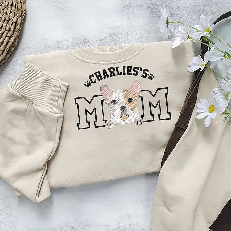 Cream crewneck sweatshirt with Chihuahua MOM embroidery