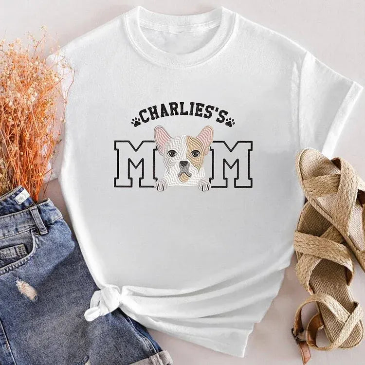 White T-shirt showing a pet portrait varsity MOM design