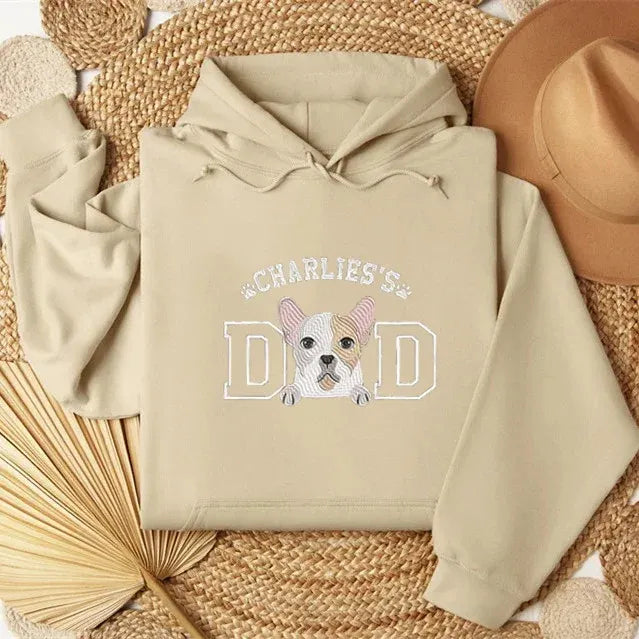 Sand hoodie with Chihuahua portrait and varsity DAD lettering