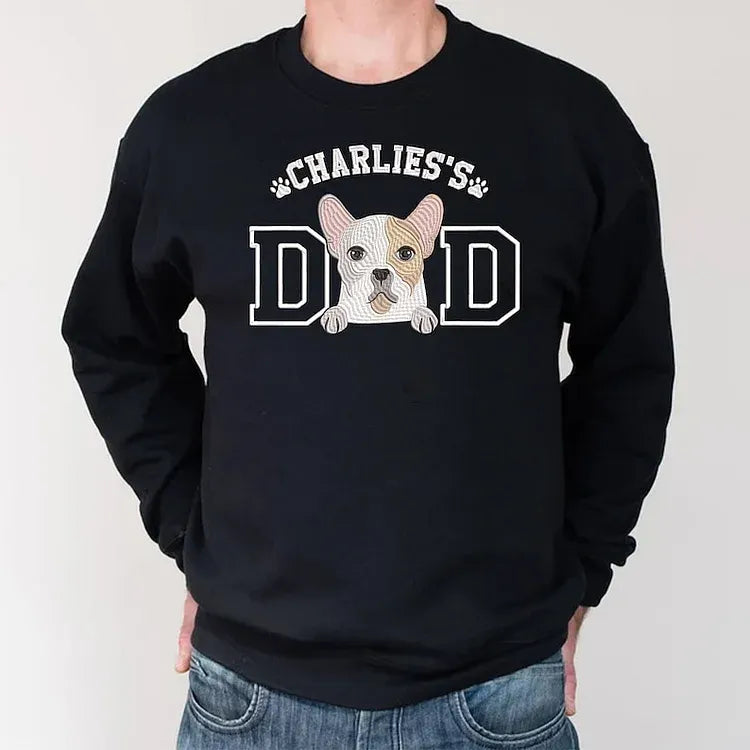 Black crewneck sweatshirt with pet portrait and DAD embroidery