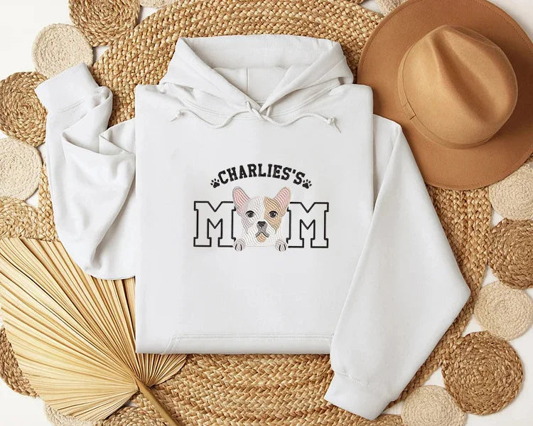 White hoodie with pet portrait and varsity MOM lettering