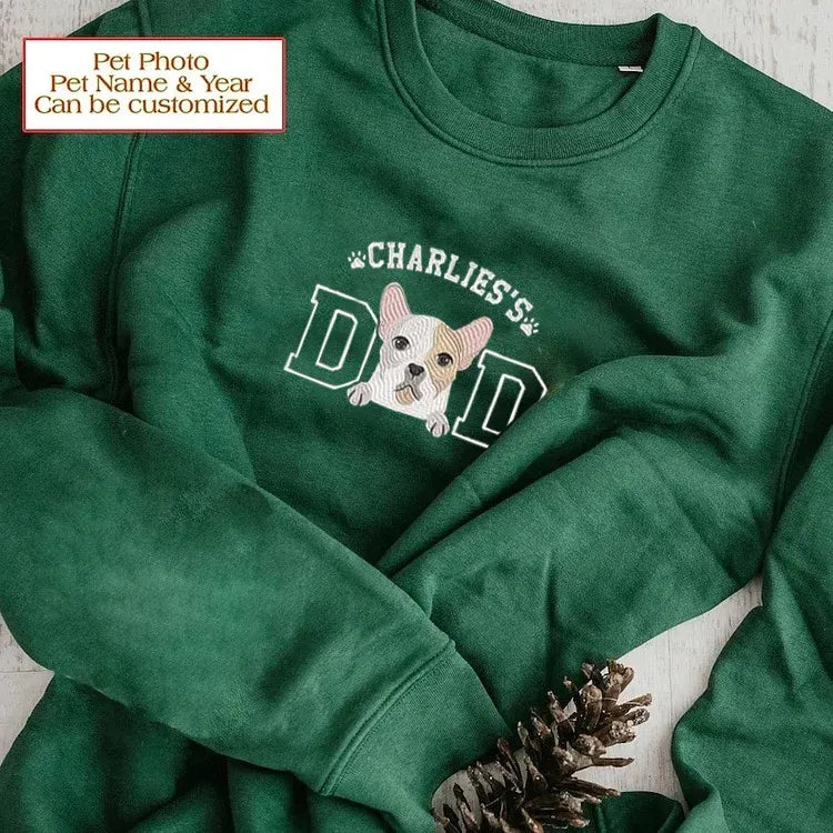 Forest green sweatshirt with Chihuahua portrait and varsity DAD lettering