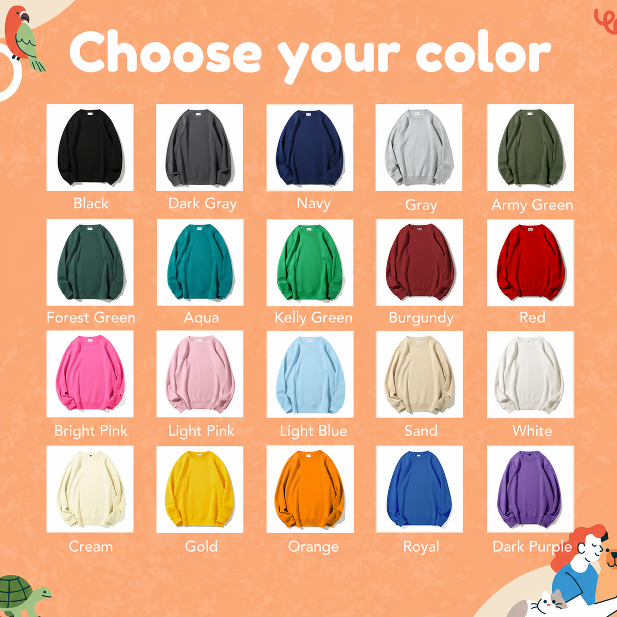 Sweatshirt garment color reference chart