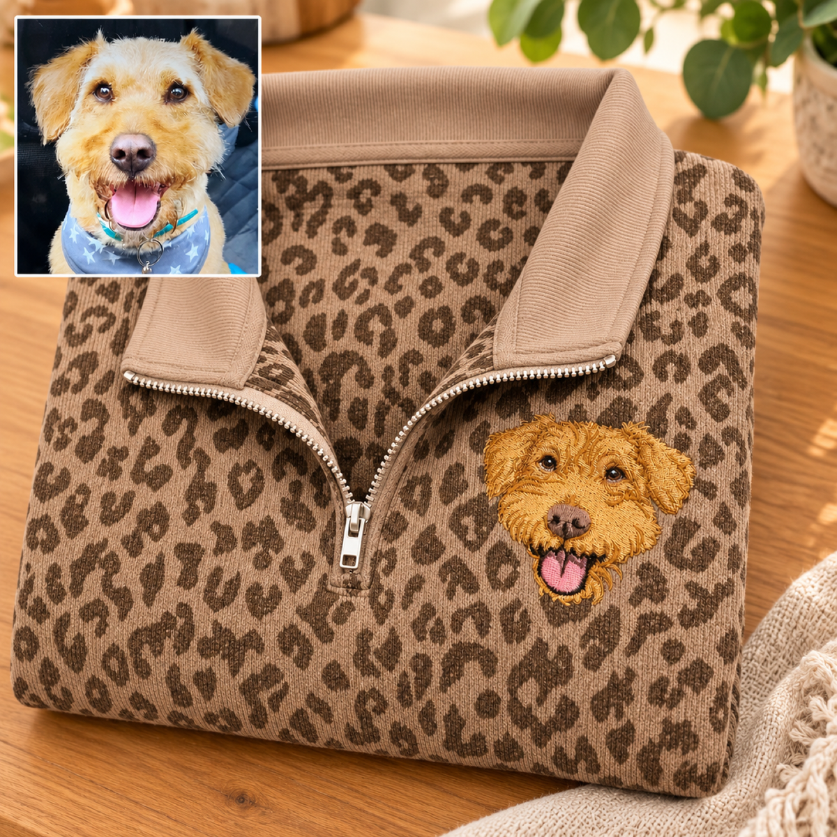 Tan leopard-print quarter-zip sweatshirt with custom golden dog portrait and photo inset
