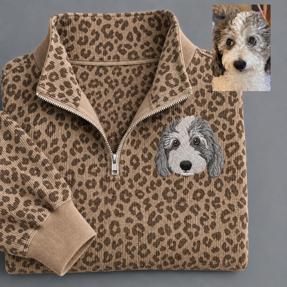Folded tan leopard quarter zip with gray dog embroidery and pet photo inset
