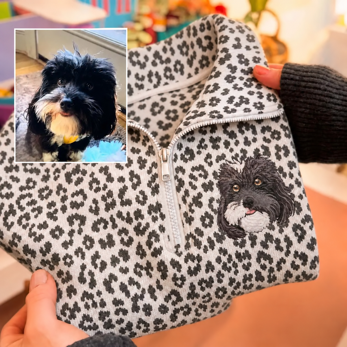 White leopard quarter zip with dark dog embroidery and pet photo inset