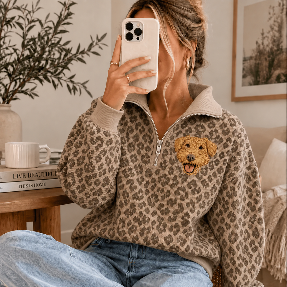 Model wearing tan leopard quarter zip with golden dog portrait