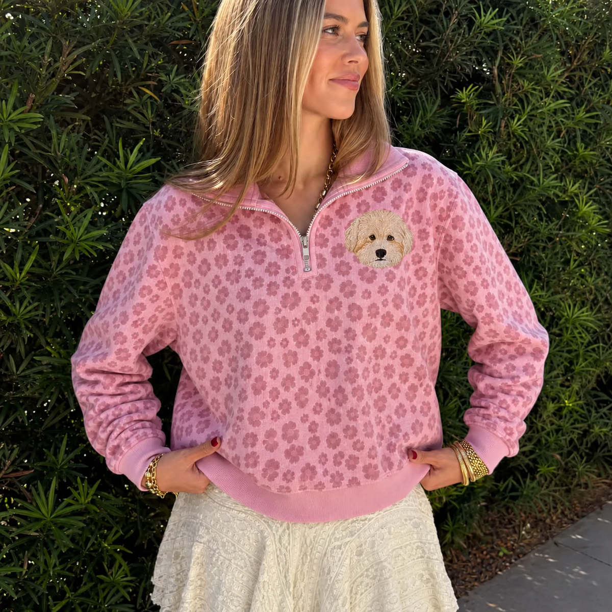 Model wearing blush pink leopard pet portrait sweatshirt