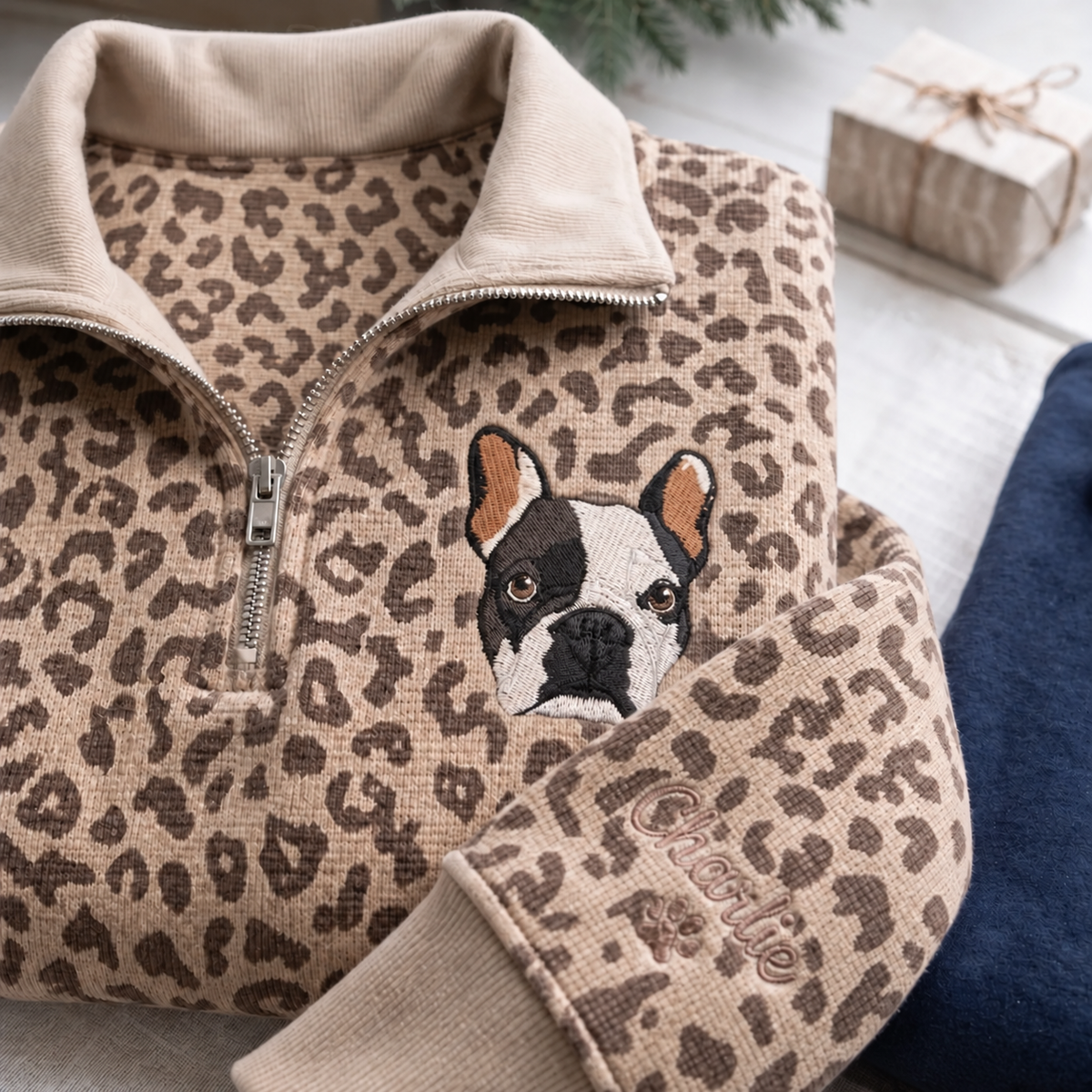 Tan leopard quarter zip with French bulldog portrait embroidery