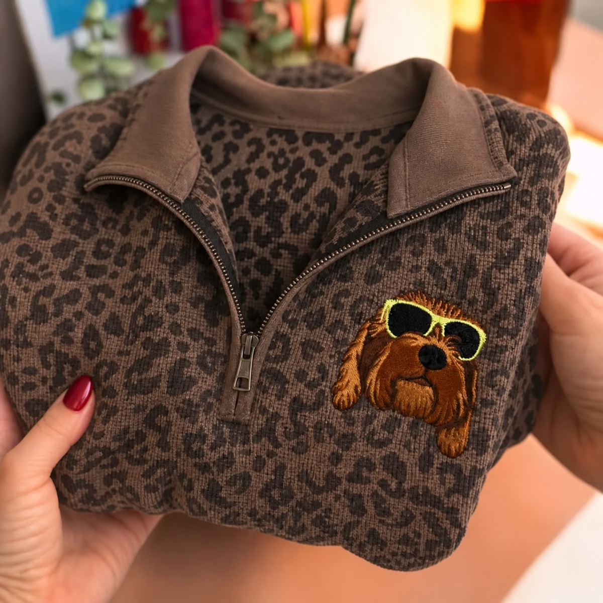 Brown leopard quarter zip with sunglasses dog portrait embroidery