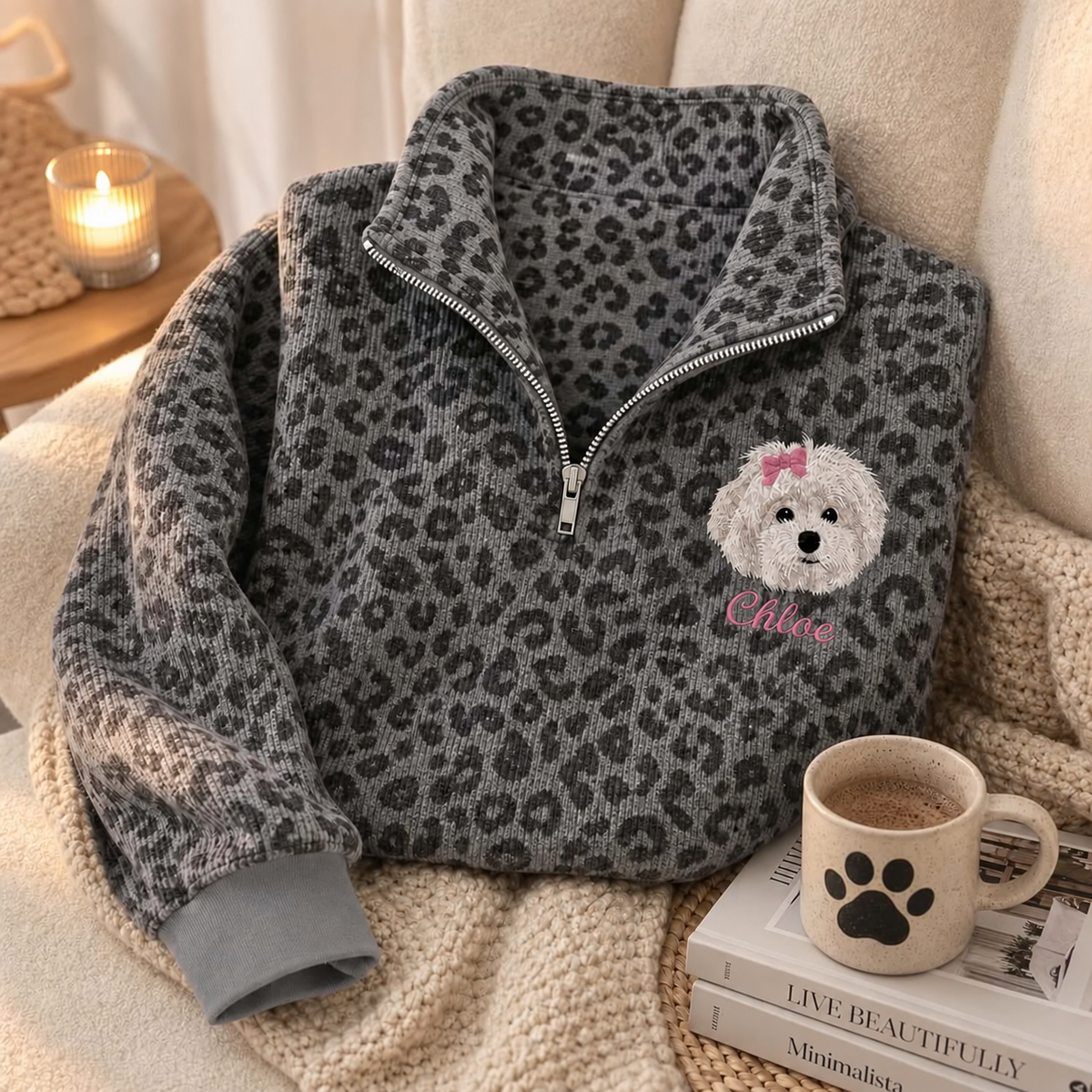 Charcoal leopard quarter zip with cream dog portrait embroidery