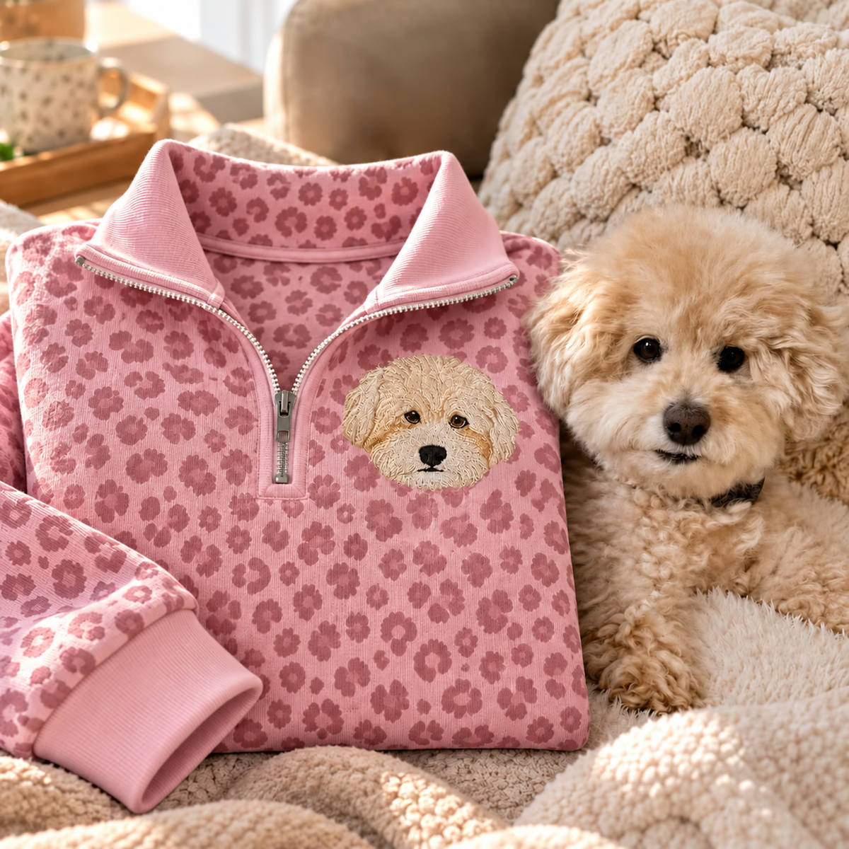Blush pink leopard quarter zip beside a matching dog