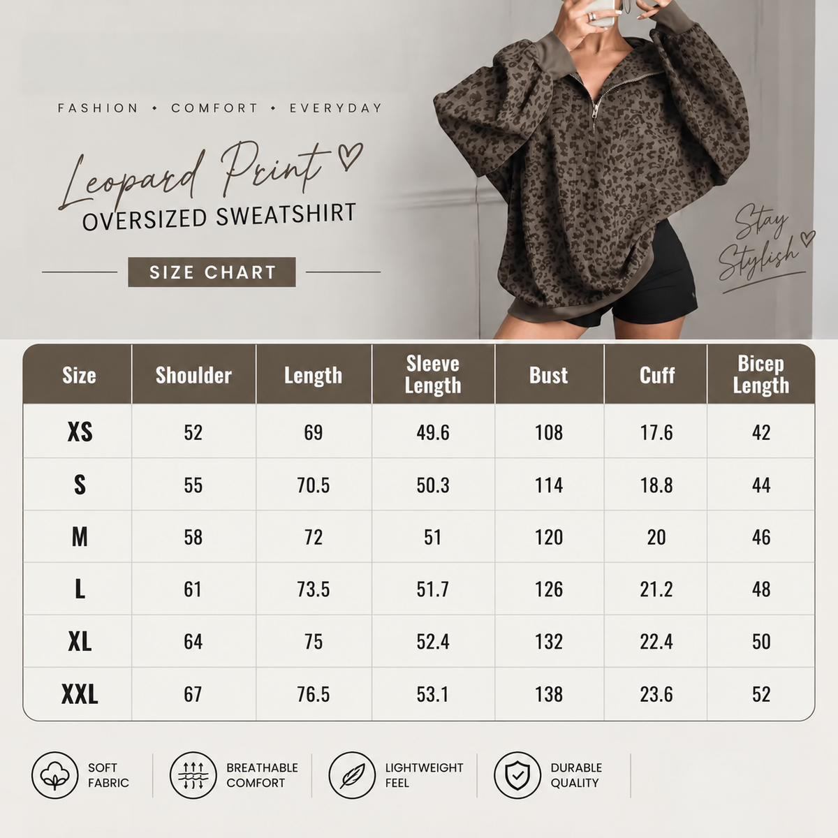 Leopard quarter-zip sweatshirt size chart with garment measurements