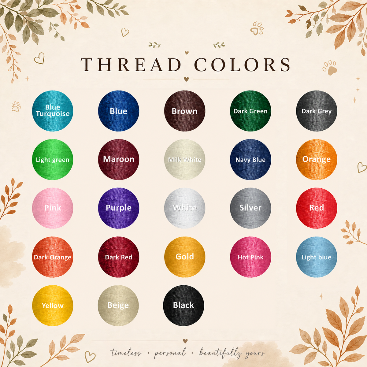 Embroidery thread color chart with labeled color swatches