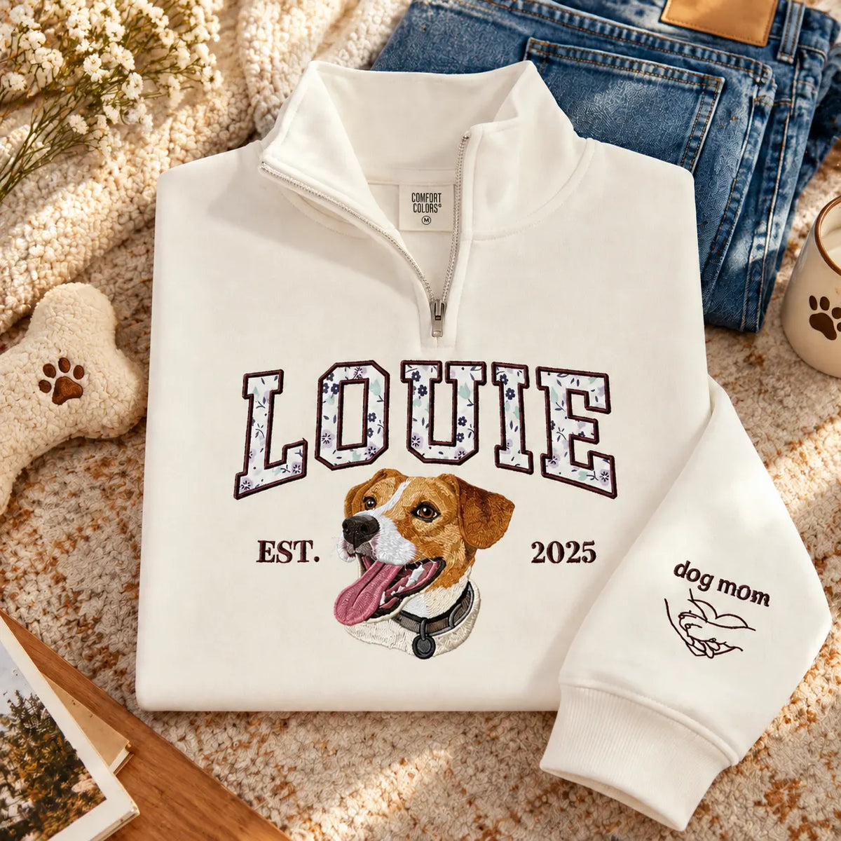 White LOUIE floral applique pet portrait quarter-zip with optional dog mom sleeve embroidery
