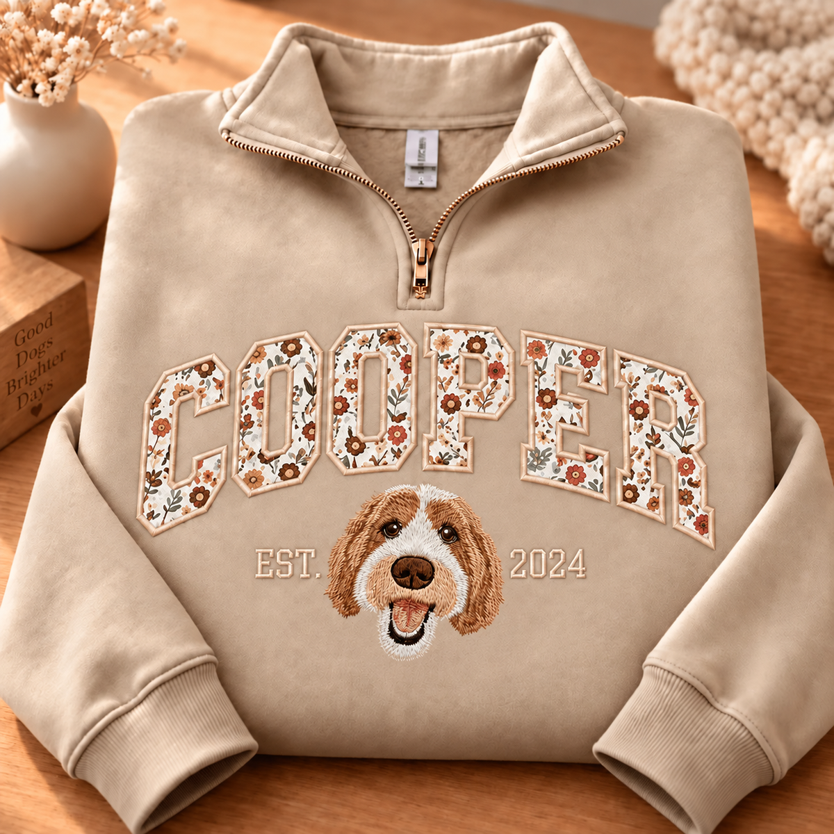 Sand COOPER floral applique name and dog portrait quarter-zip sweatshirt