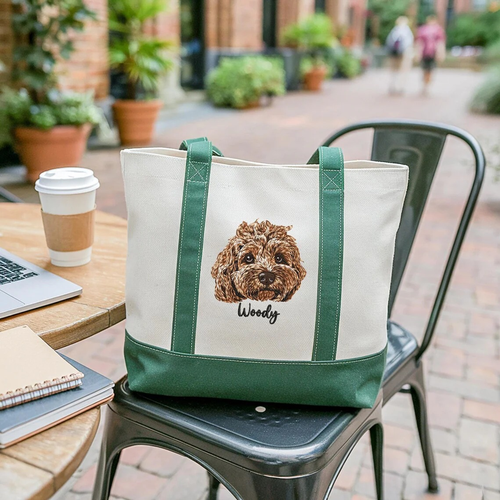 Green and cream tote with embroidered dog portrait and Woody name