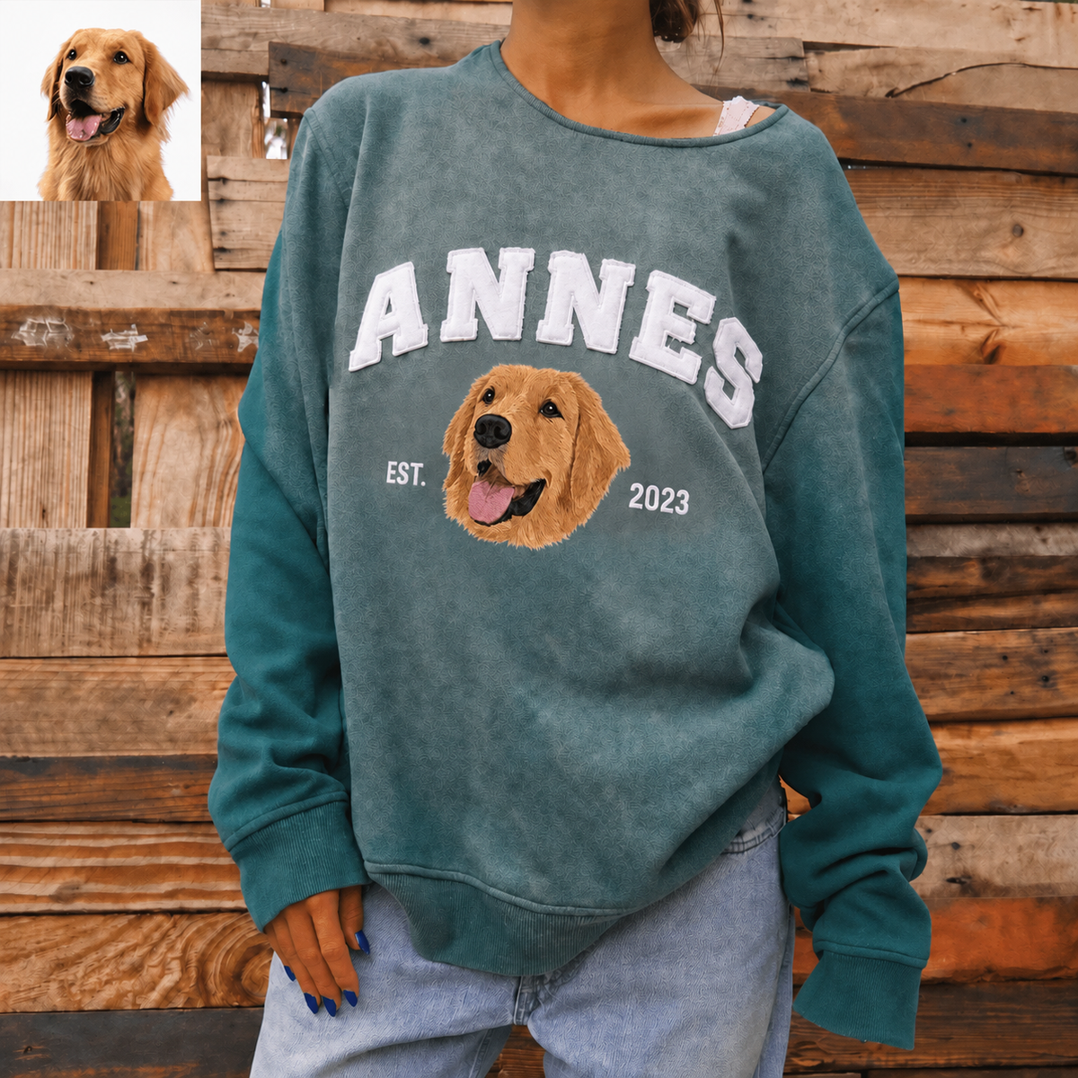 Teal washed off shoulder sweatshirt with ANNES applique name and embroidered golden retriever portrait
