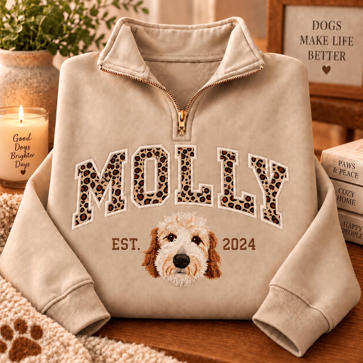 Sand quarter-zip sweatshirt with MOLLY leopard applique name and embroidered pet portrait