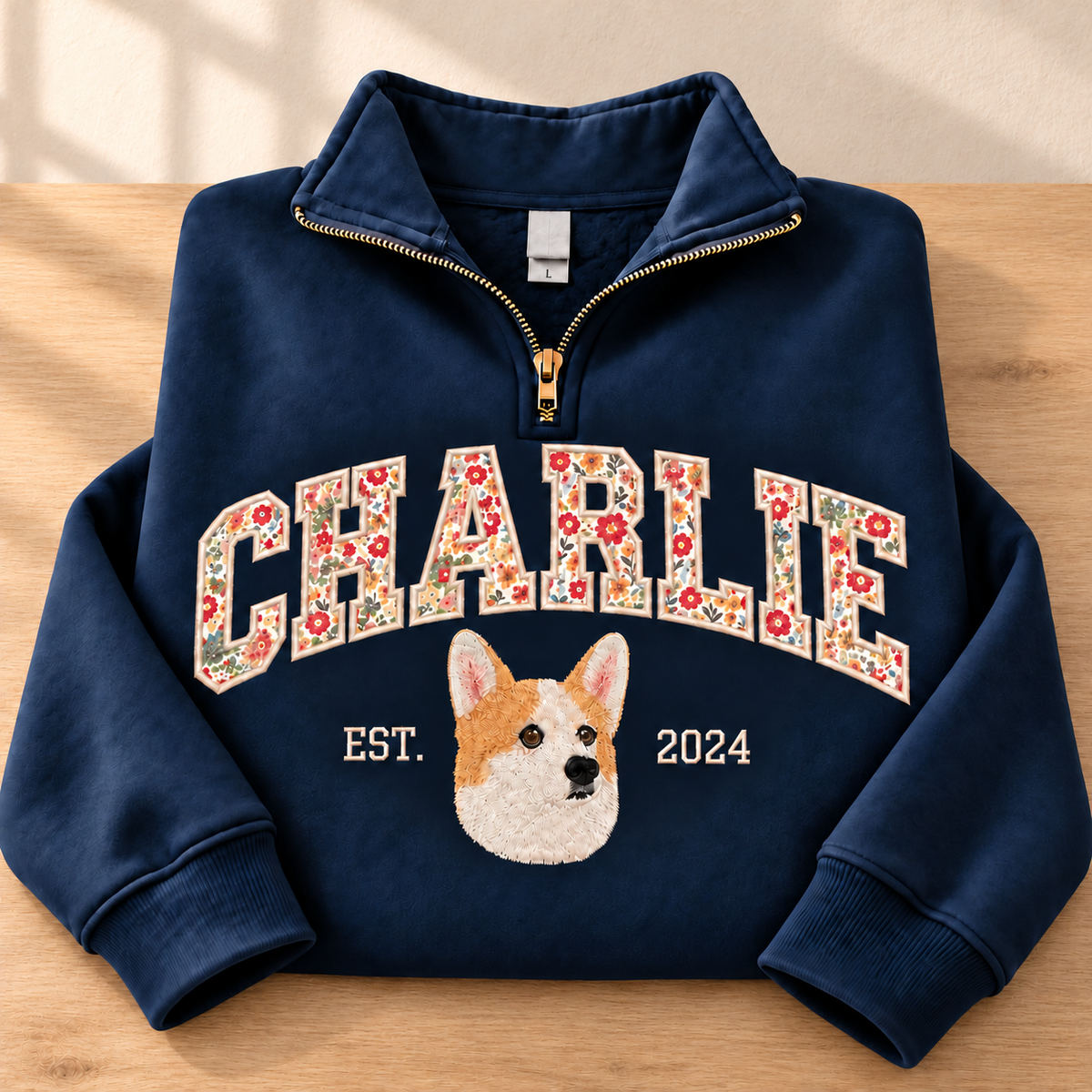 Navy CHARLIE floral applique pet portrait quarter-zip sweatshirt on an oak tabletop, with a plain neck label