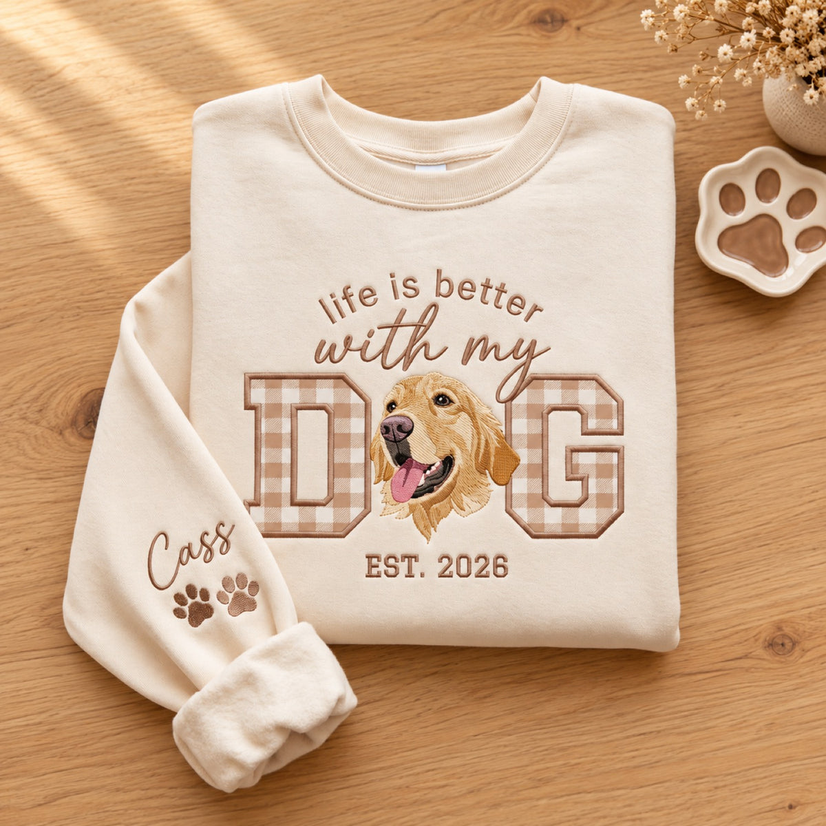 Cream custom dog portrait sweatshirt with gingham DOG lettering and sleeve name embroidery