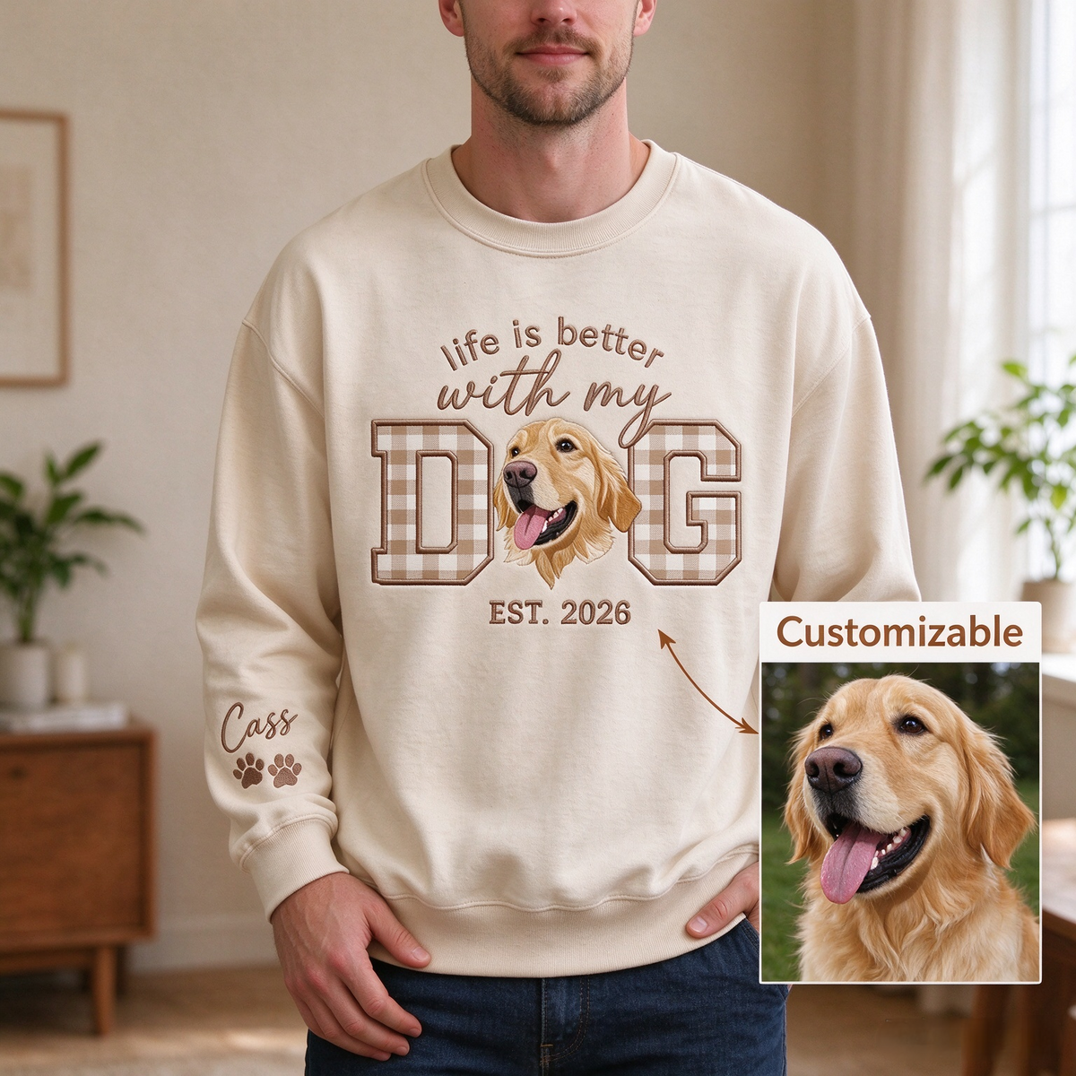 Model wearing cream custom dog portrait sweatshirt with a pet photo example