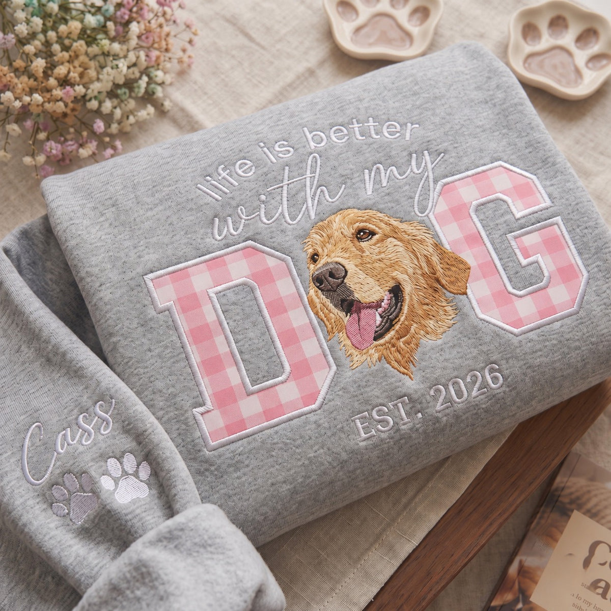 Gray dog portrait sweatshirt with pink gingham applique letters