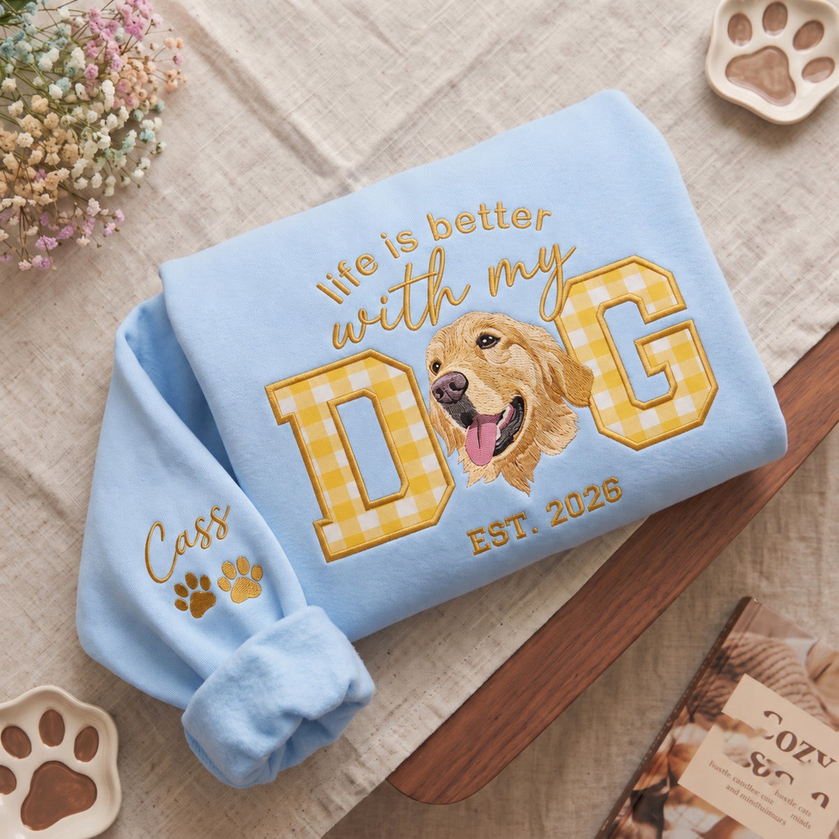 Blue dog portrait sweatshirt with yellow gingham applique letters