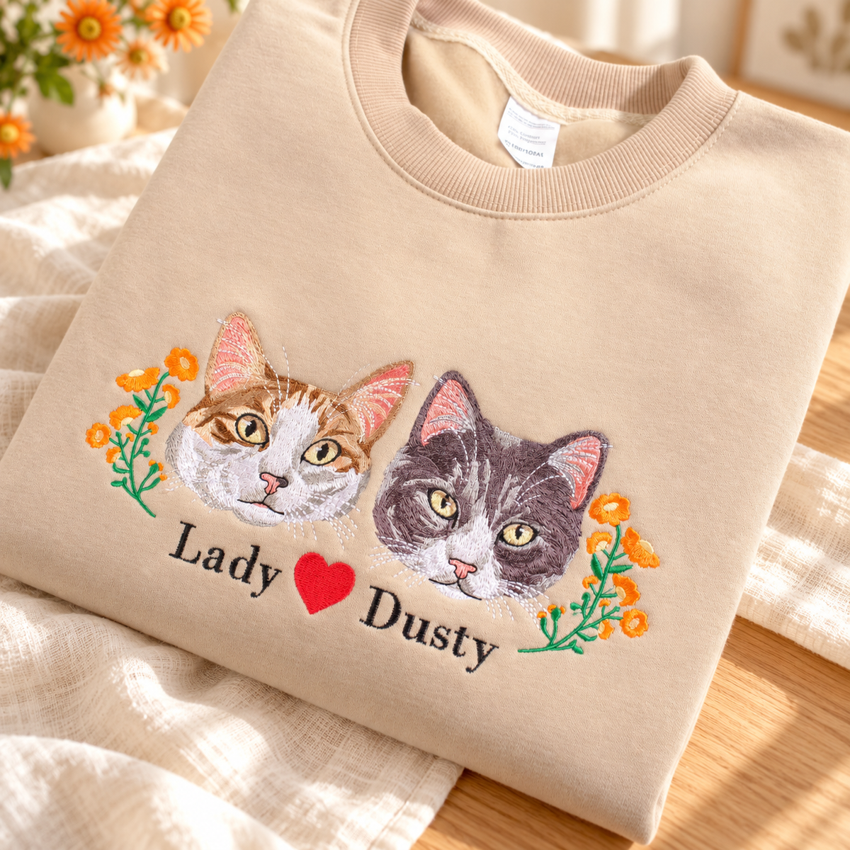 Beige sweatshirt with Lady and Dusty embroidered cat portraits orange flowers names and a red heart