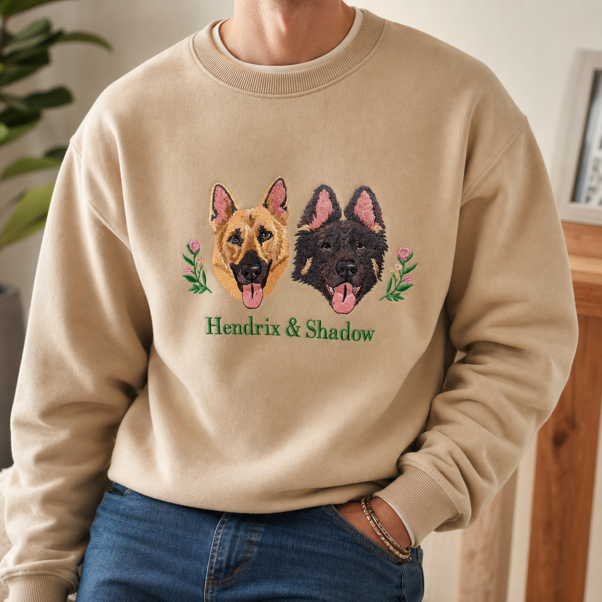 Model wearing a beige Hendrix and Shadow two-dog portrait embroidered sweatshirt