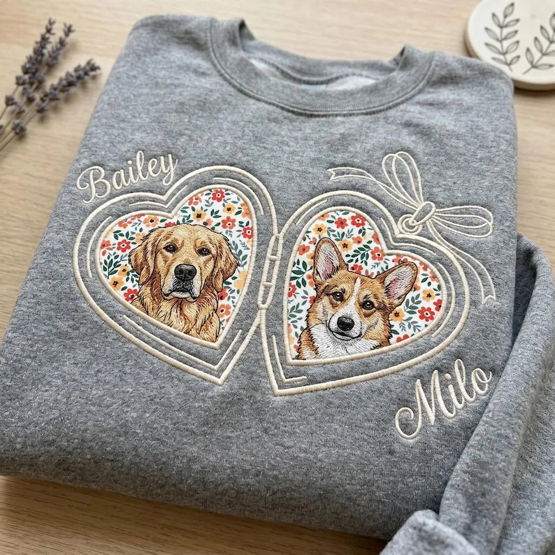 Gray Bailey and Milo sweatshirt with two dog portraits and a floral double-heart bow design