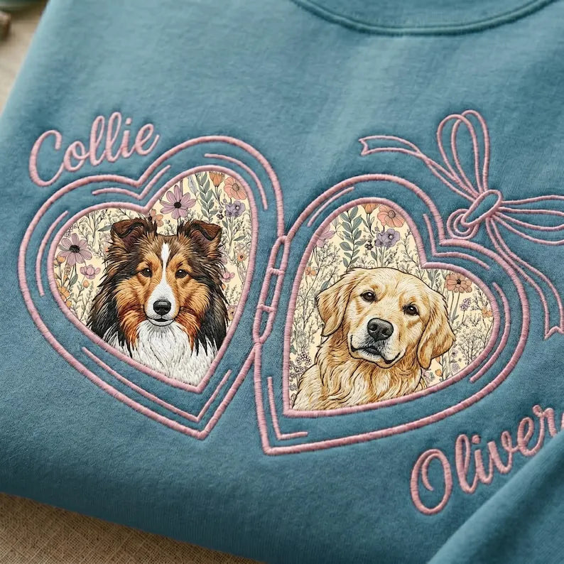 Teal Callie and Oliver sweatshirt with two dog portraits in pink floral heart lockets