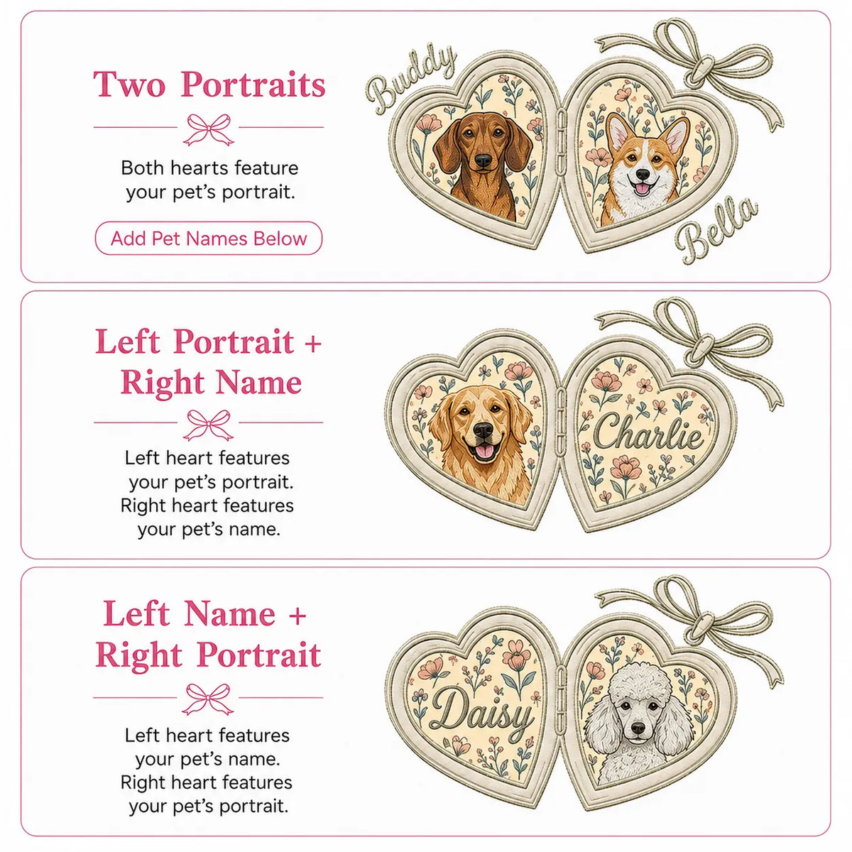 Layout examples for two pet portraits or a pet portrait and name in heart lockets