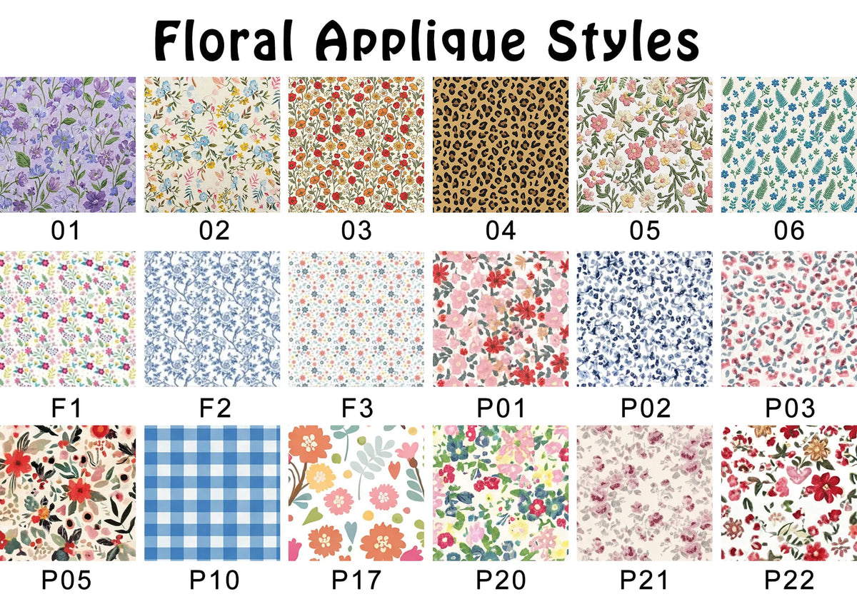 Floral applique fabric reference patterns with numbered labels