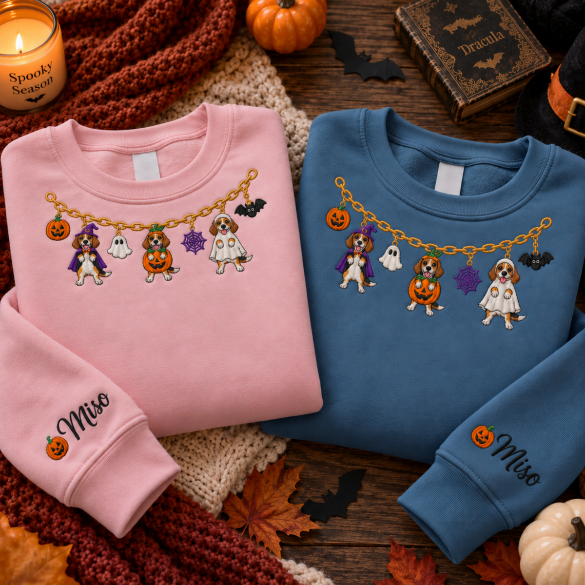 Pink and blue Beagle Halloween embroidered sweatshirts with personalized Miso sleeve names