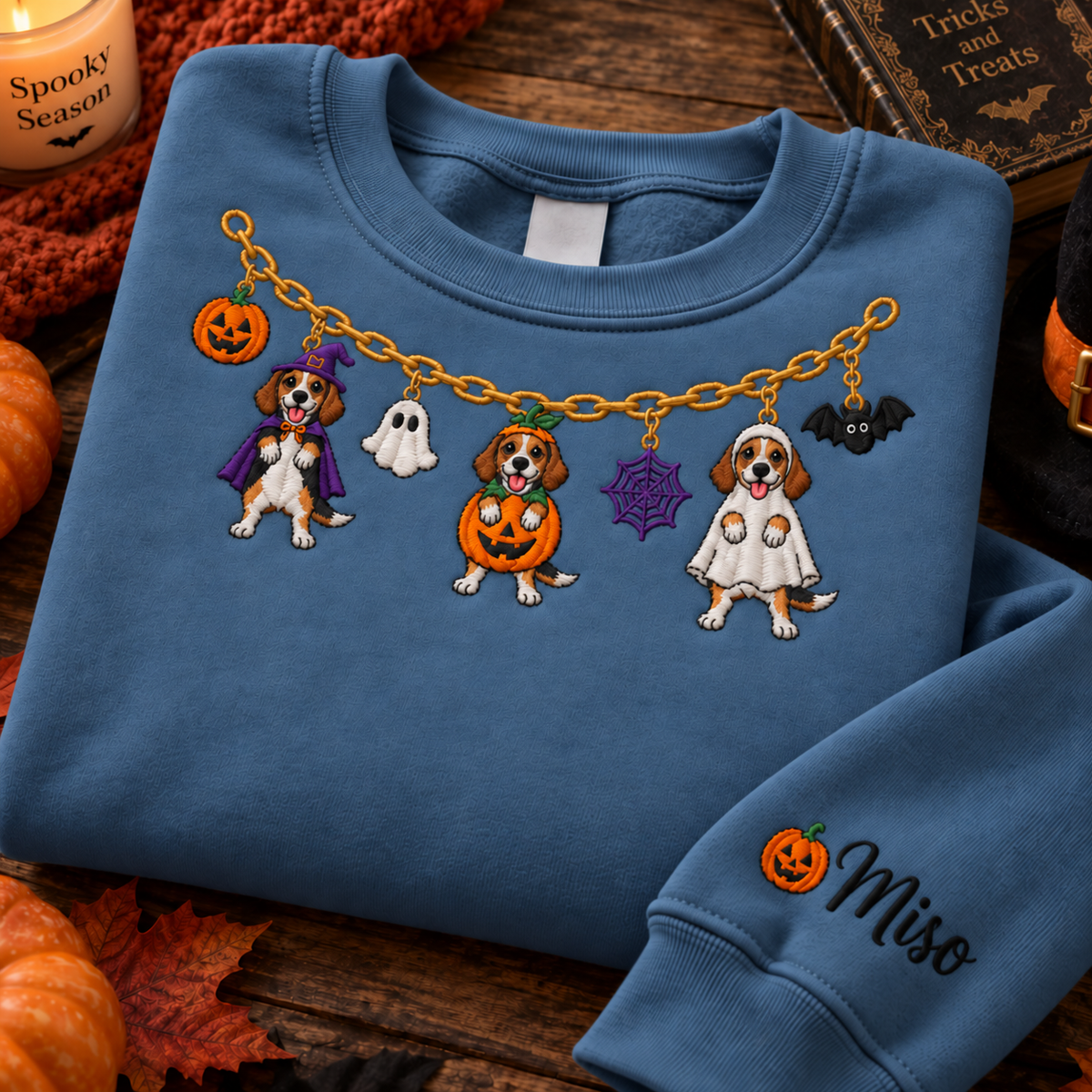 Blue Beagle Halloween embroidered sweatshirt with personalized Miso sleeve name