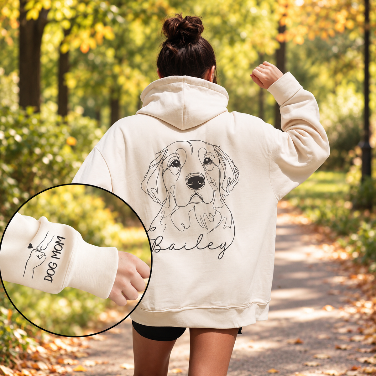 Model wearing cream Bailey dog sketch hoodie with back print and sleeve detail inset